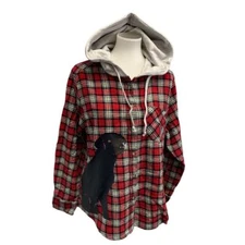 New Hand Printed Womens XL Black Lab Dog Long Sleeve Plaid Flannel Hoodie