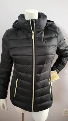 NEW MICHAEL KORS LIGHTWEIGHT PACKABLE DOWN FILL BLACK HOODED JACKET SIZE M