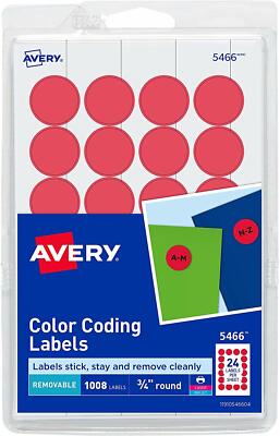 Avery 5466 Color Coding Removable Labels, 1008 Per pack, 0.75'' Round, Red