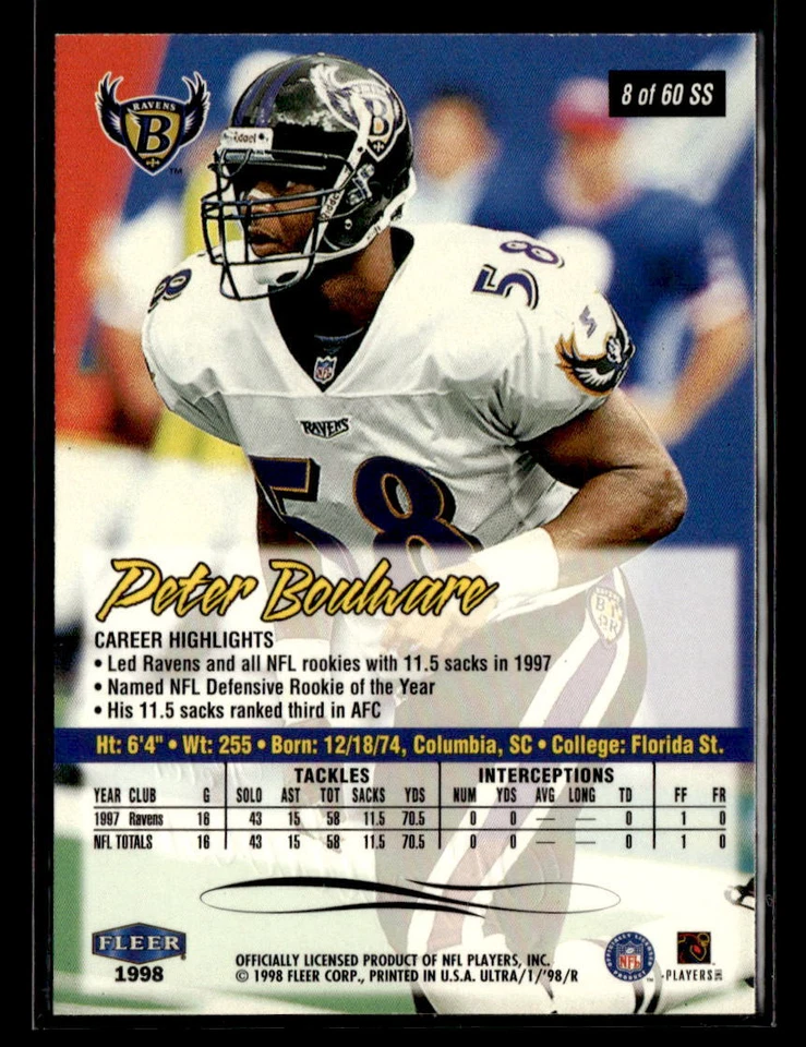 Peter Boulware 1998 Ultra #8SS Sensational Sixty Baltimore Ravens - Image 2 of 2