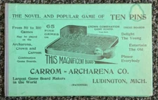 Antique Carrom Archarena 1908 Ten Pin board Game Instructions Ludington MI