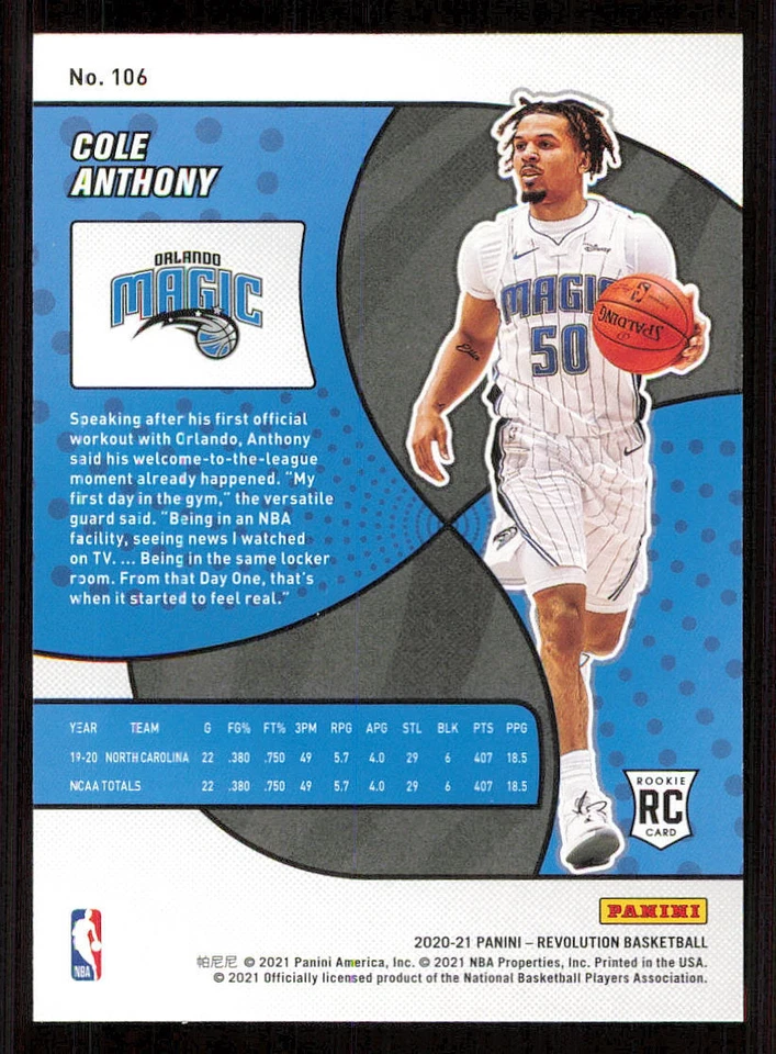 2020-21 Panini Revolution #106 Cole Anthony RC - Image 2 of 2