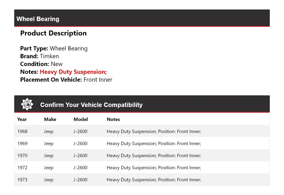 For 1968-1970, 1972-1973 Jeep J-2600 Wheel Bearing Front Inner Timken - Image 2 of 4