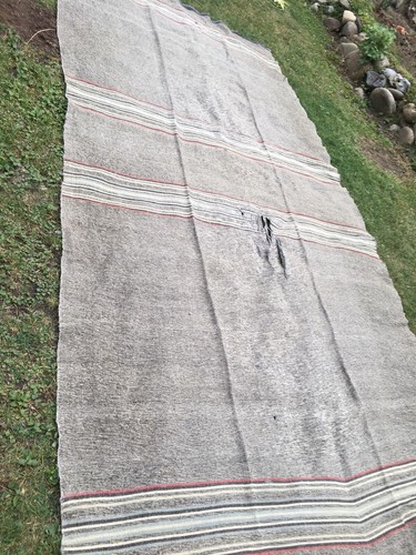 Antique Vtg Camp Double Striped Woven WOOL BLANKET Rug Primitive Textile fabric - Picture 2 of 12