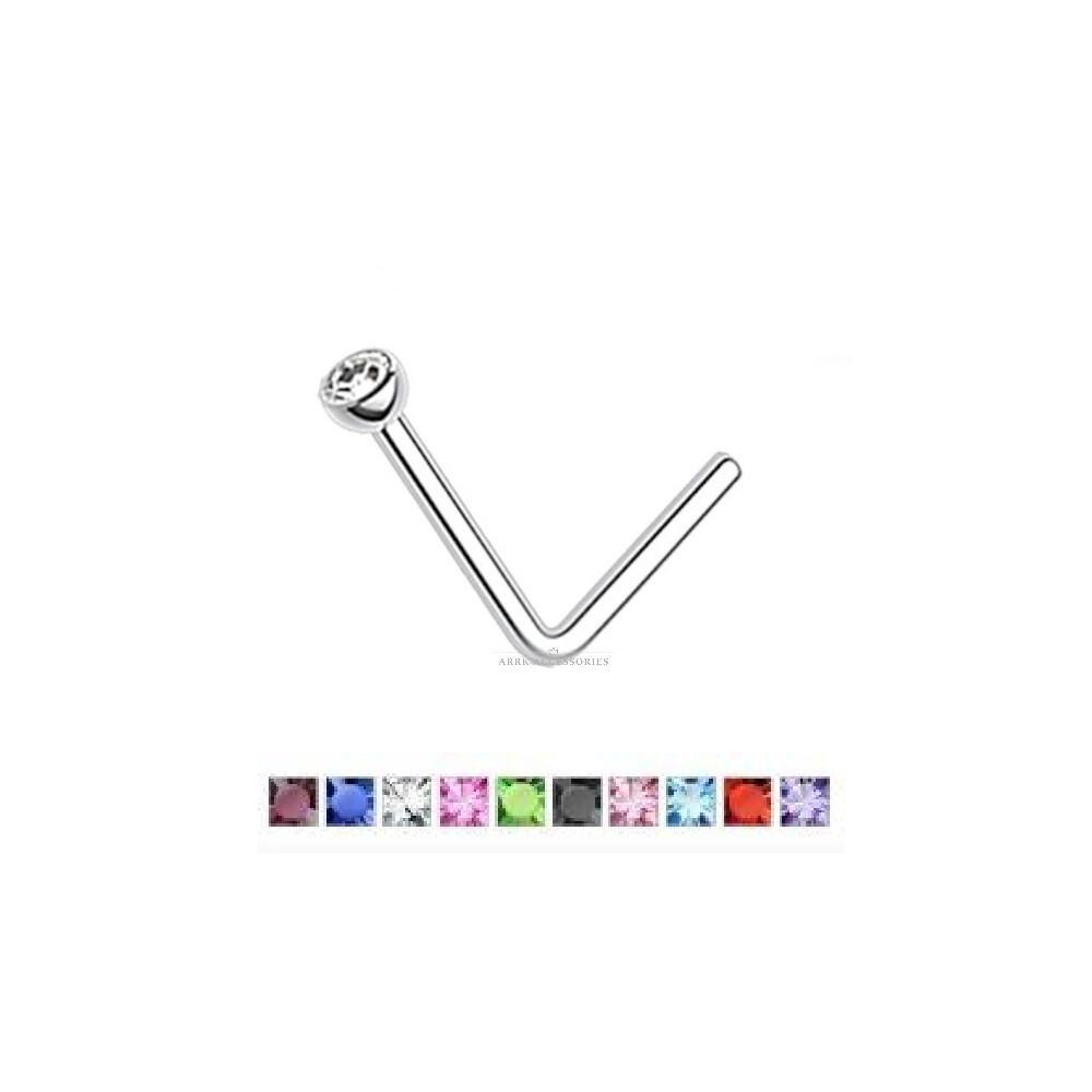 Nose Stud L-Shape Bend Silver Surgical Steel 2mm Coloured Gem Body
