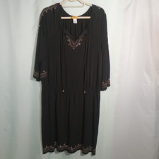Women’s Black Boho Embellished Dress Gold Studded 3/4 Sleeve Shift Dress
