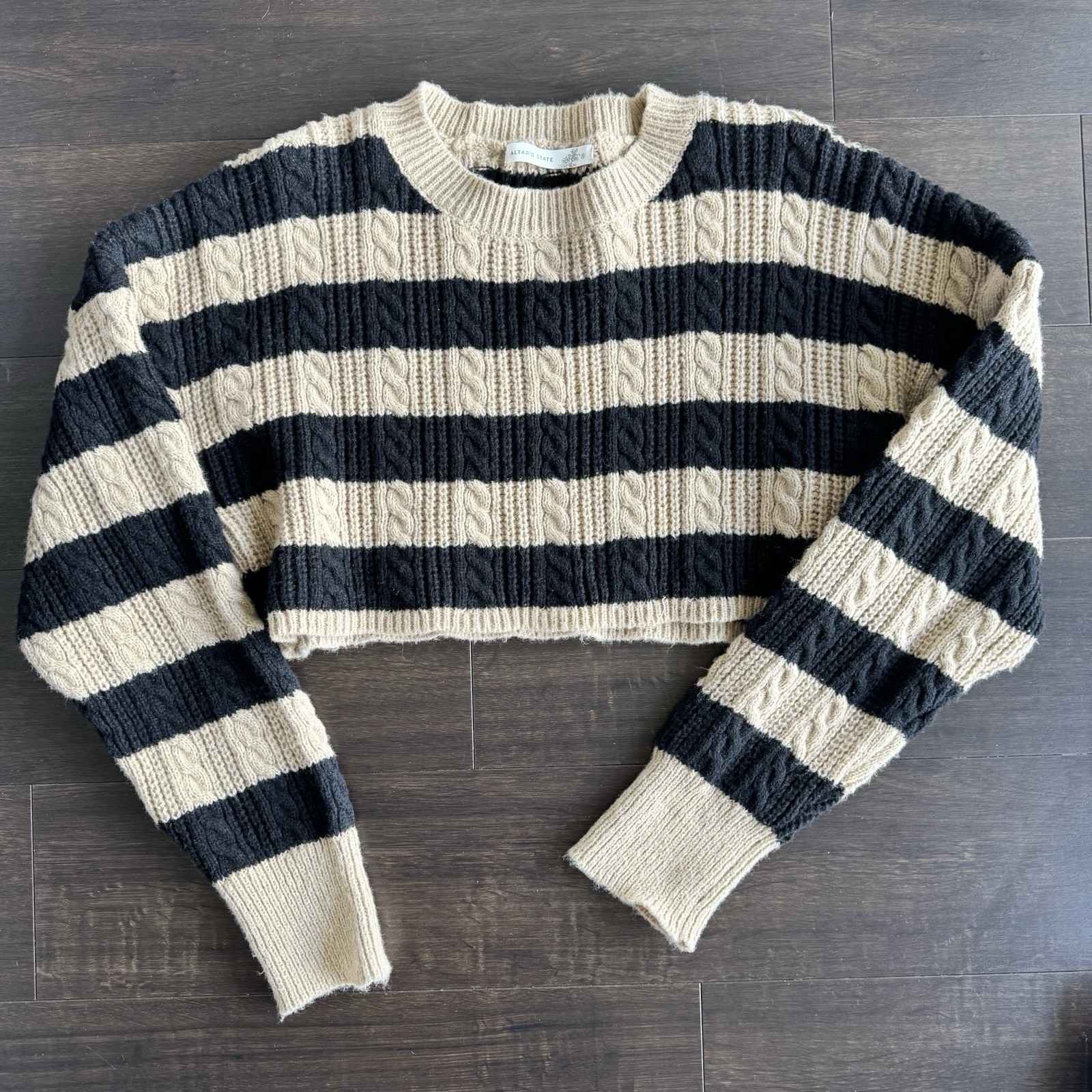 Altar’d State Cropped Cream and Black Striped Sweater