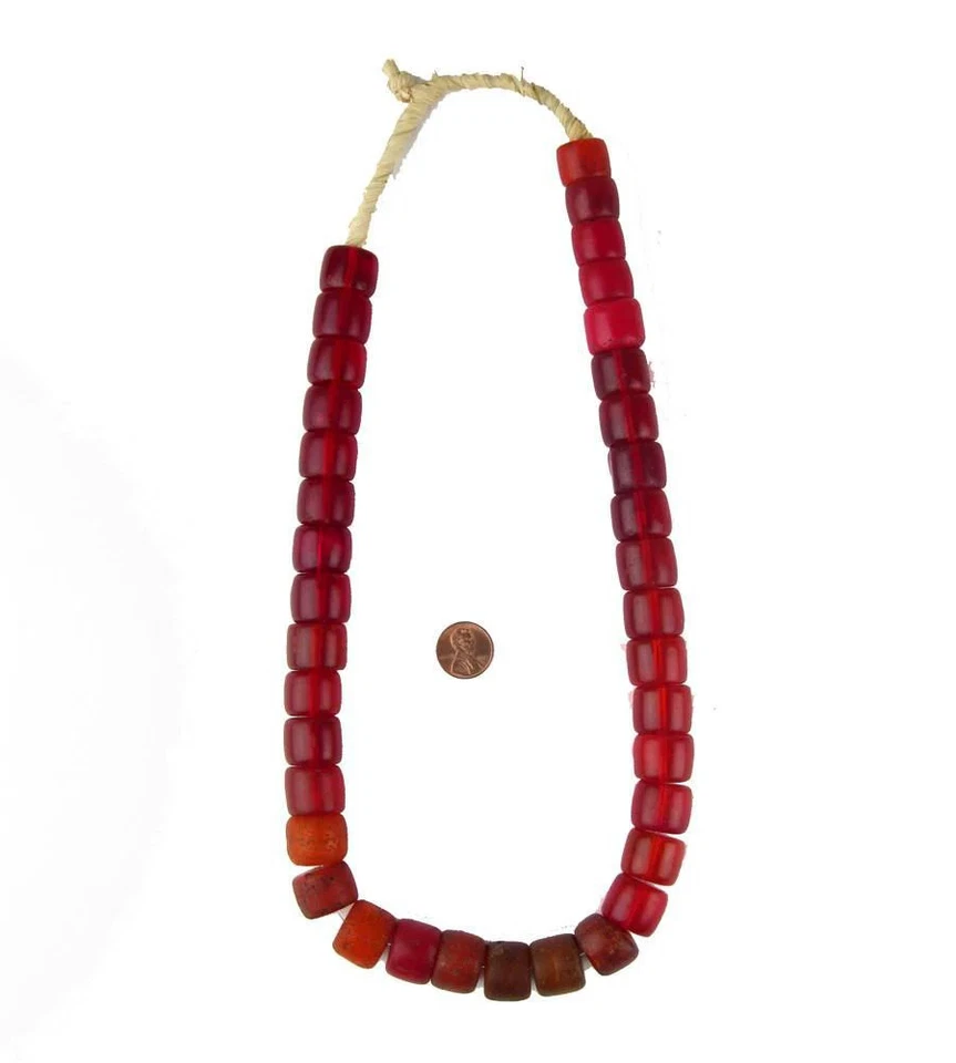 Old Translucent Red Cylinder Tomato Beads 19mm Ethiopia African Tabular Glass - Image 2 of 2
