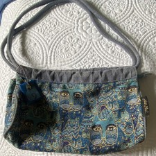 Laurel Burch Women's Shoulder Bag, Blue/Gold Cat Print, Zip, Pockets, Charm