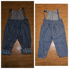 Vintage 80s 90s Boys Denim Jean Romper Overalls 18 Months Suspenders Blue Plaid