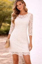 White Lace Sheath Dress Midi Floral 3/4 Sleeve Scoop Neck Lined Nylon Cotton M