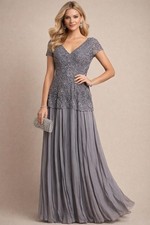 Js Collections Soutache Applique Gown sz 4 Cap Sleeve Gray MOB Wedding Guest