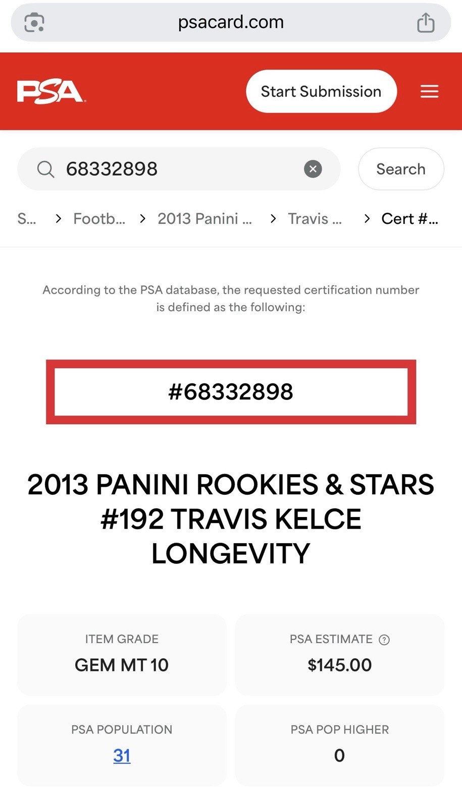 2013 Panini Stars Travis Kelce Rookie Longevity #192 Low Pop 31 PSA 10 GEM 💎🔥 view 3