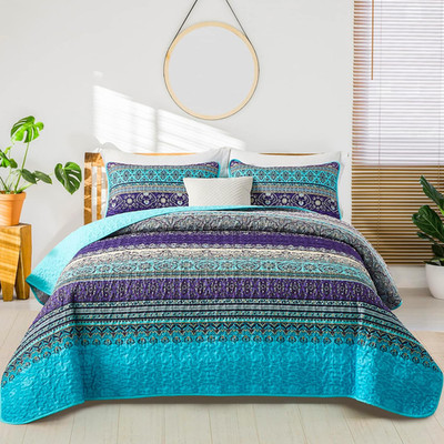 Boho Queen Quilt Set, Blue Purple Bohemian Queen Quilt Bedding Set, Lightweight