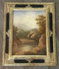 Vintage 19th Century Landscape Castle Oil Painting Ornate Frame Signed Puzo
