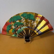 Fan with Pine, Bamboo  Plum Design, Wooden Stand, Used