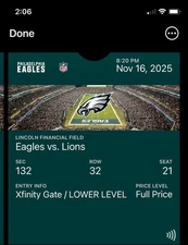 Philadelphia Eagles vs. Detroit Lions - Sec 132, Row 32, Seats 21 & 22