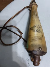 ANTIQUE POWDER HORN WITH SGRAFITTO,ETCHINGS INUIT? WALRUS & POLAR BEAR 1800s
