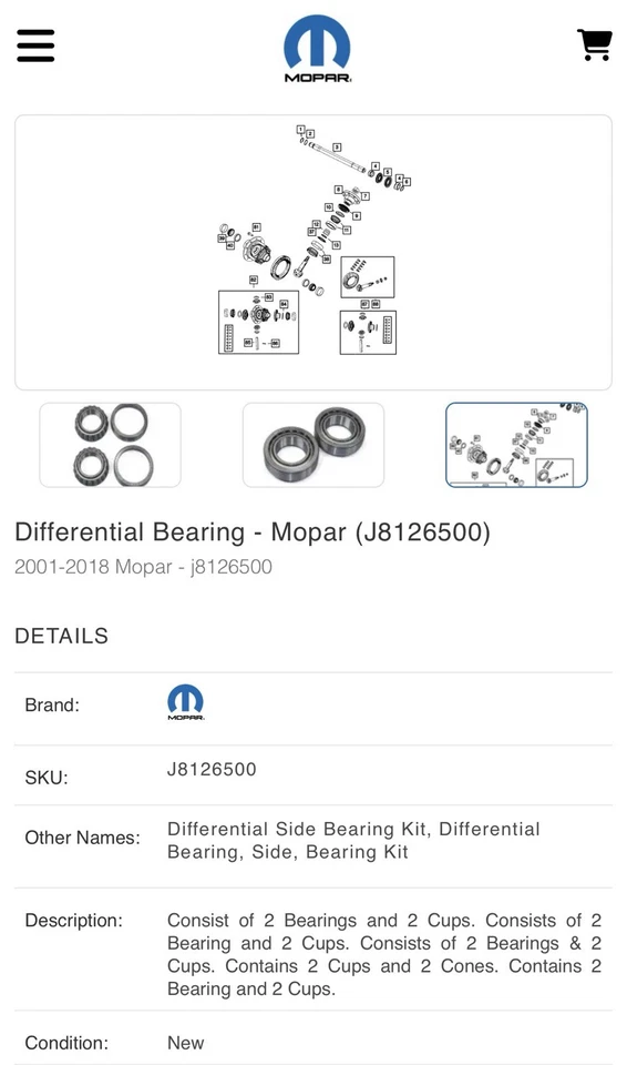 NUEVO Kit de cojinete diferencial genuino Mopar J8126500 Jeep Dodge RAM Chrysler Foto 3 de 3