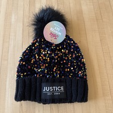 Justice Sequin Pom-Pom Kids Beanie - Black and Multicolor Girls Winter