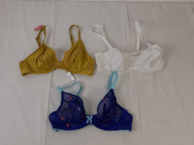 M&S 3pcs Underwired Non Padded Lace Bras Yellow White Blue Size 32C NEW
