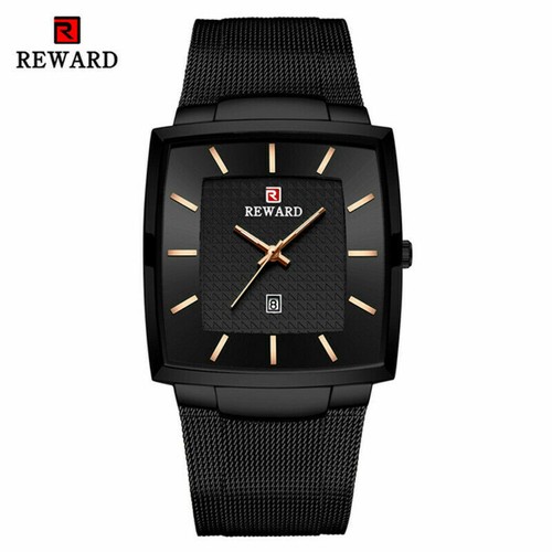 RECOMPENSA Hombres Reloj rectangular Top marca Relojes de calendario Reloj de pulsera de acero dorado masculino - Imagen 12 de 13