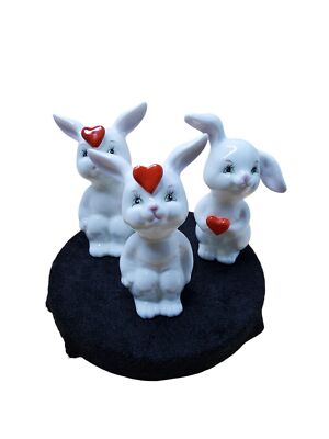 Vintage Schmid Bone China Bunny Figurines Set Of 3 With Red