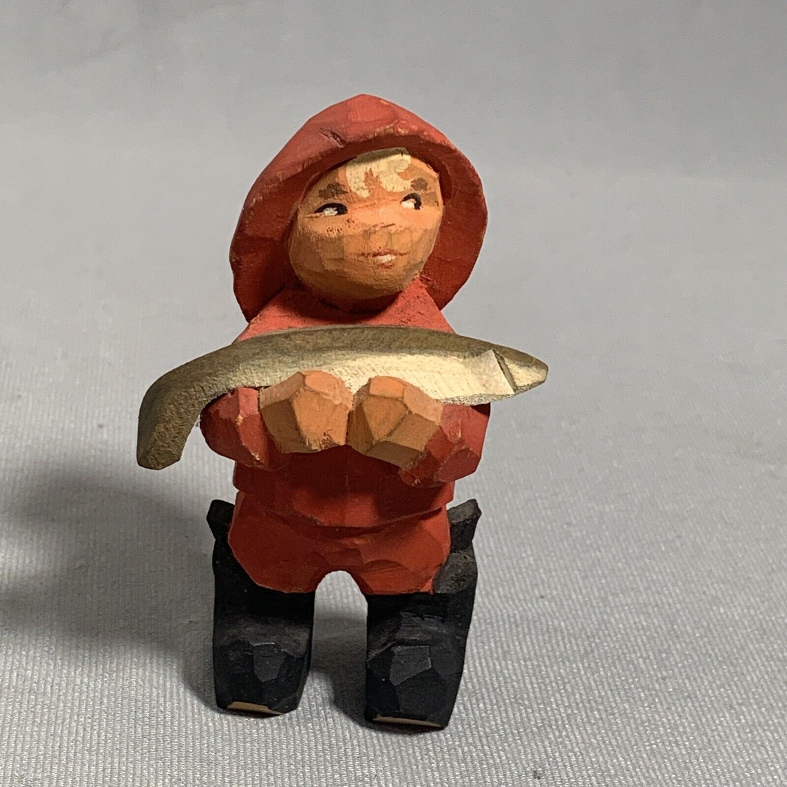 Vtg Henning Wood Carved Figure Fisherman Boy Fish Norway Folk Art