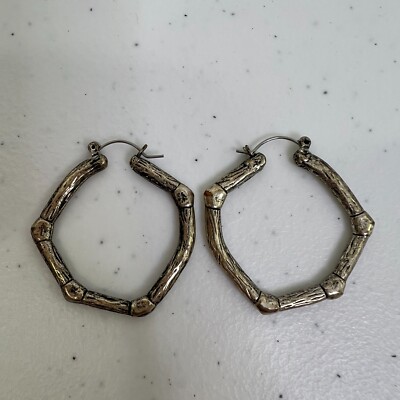 Bamboo Look Hoop Earrings Silver Tone Textured Boho Engraved Pierced
