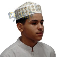 White and Yellow Embroidered Circle Design Rigid-Semi Islamic Pakistan Kufis