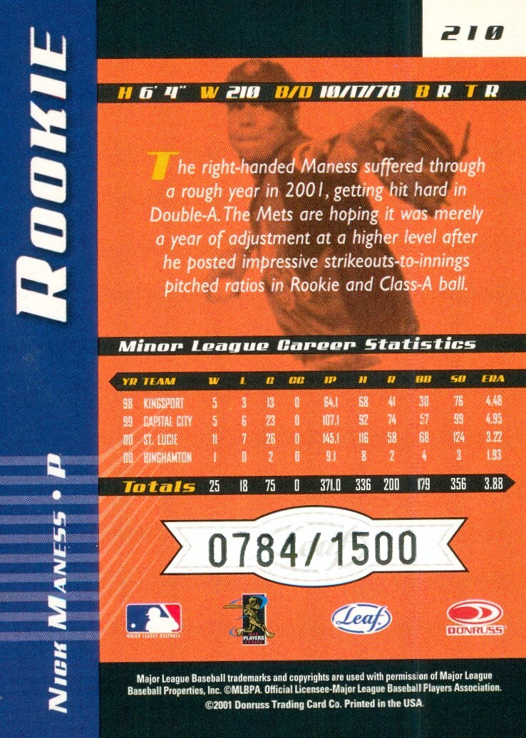 2001 Leaf Limited Rookies Nick Maness 210 Mets 0784/1500 | eBay