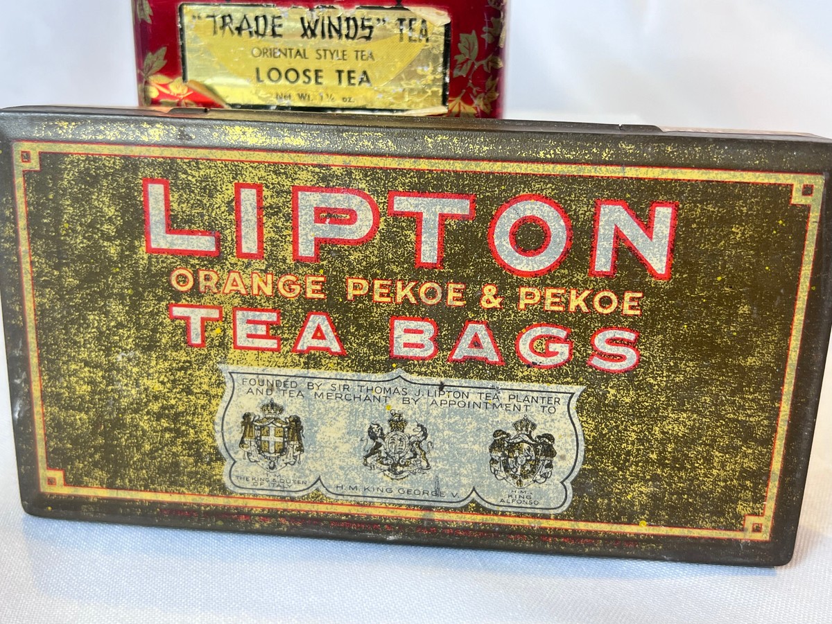 Vtg Lipton Tea Bags & Bigelow Trade Winds Tea Hinged Top Litho Tin
