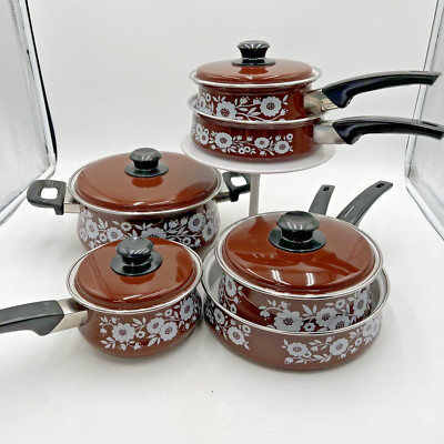 Vintage Retro Brown White Floral Enamel Pans Set 1970s Saucepan Skillet Cooking