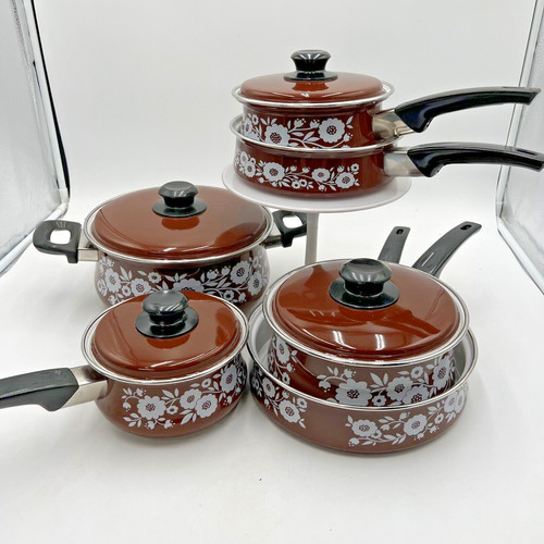 Vintage Retro Brown White Floral Enamel Pans Set 1970s Saucepan Skillet Cooking