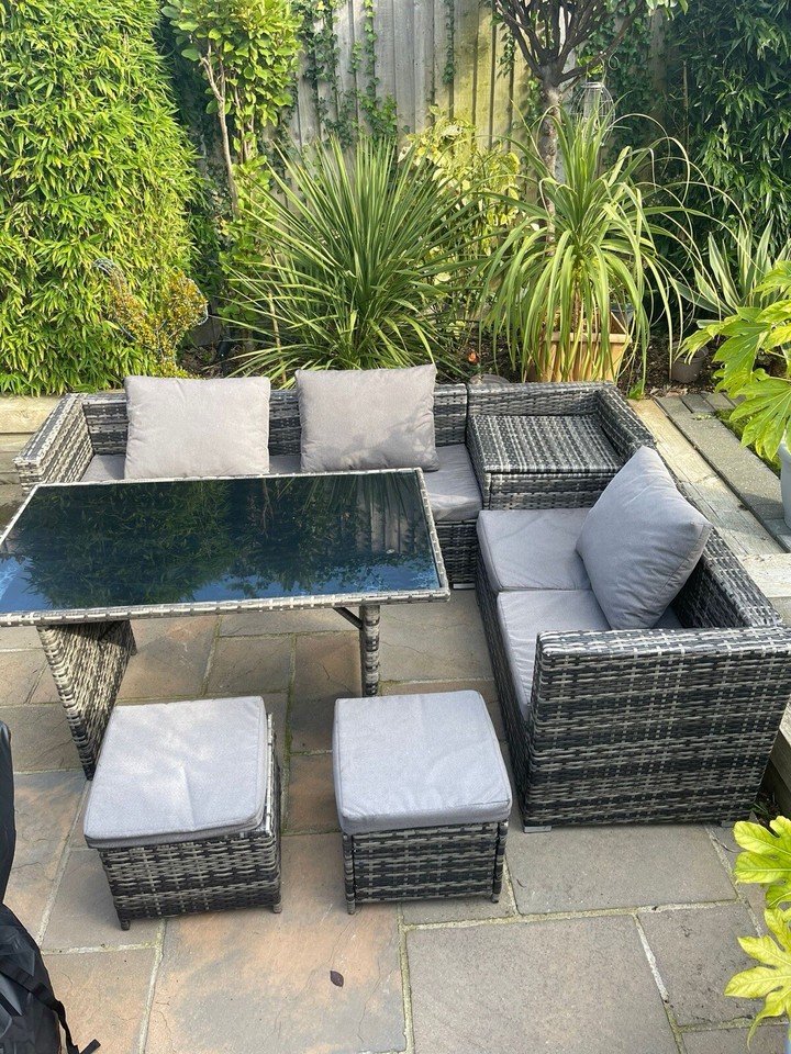 Rattan Garden Corner Sofa Set in Grey with Corner Cushion Storage and