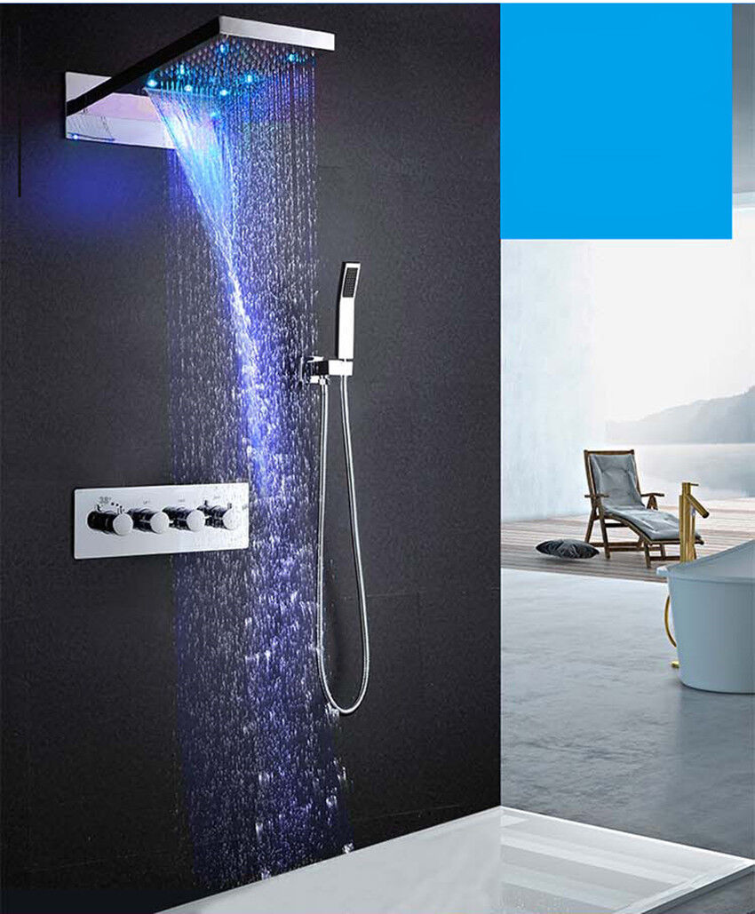 DUTRIX Shower Set Thermostatic Black Shower Column Adjustable Anti Scald Shower System Set with 9 Overhead Rain Shower and 3-Function Handheld Shower