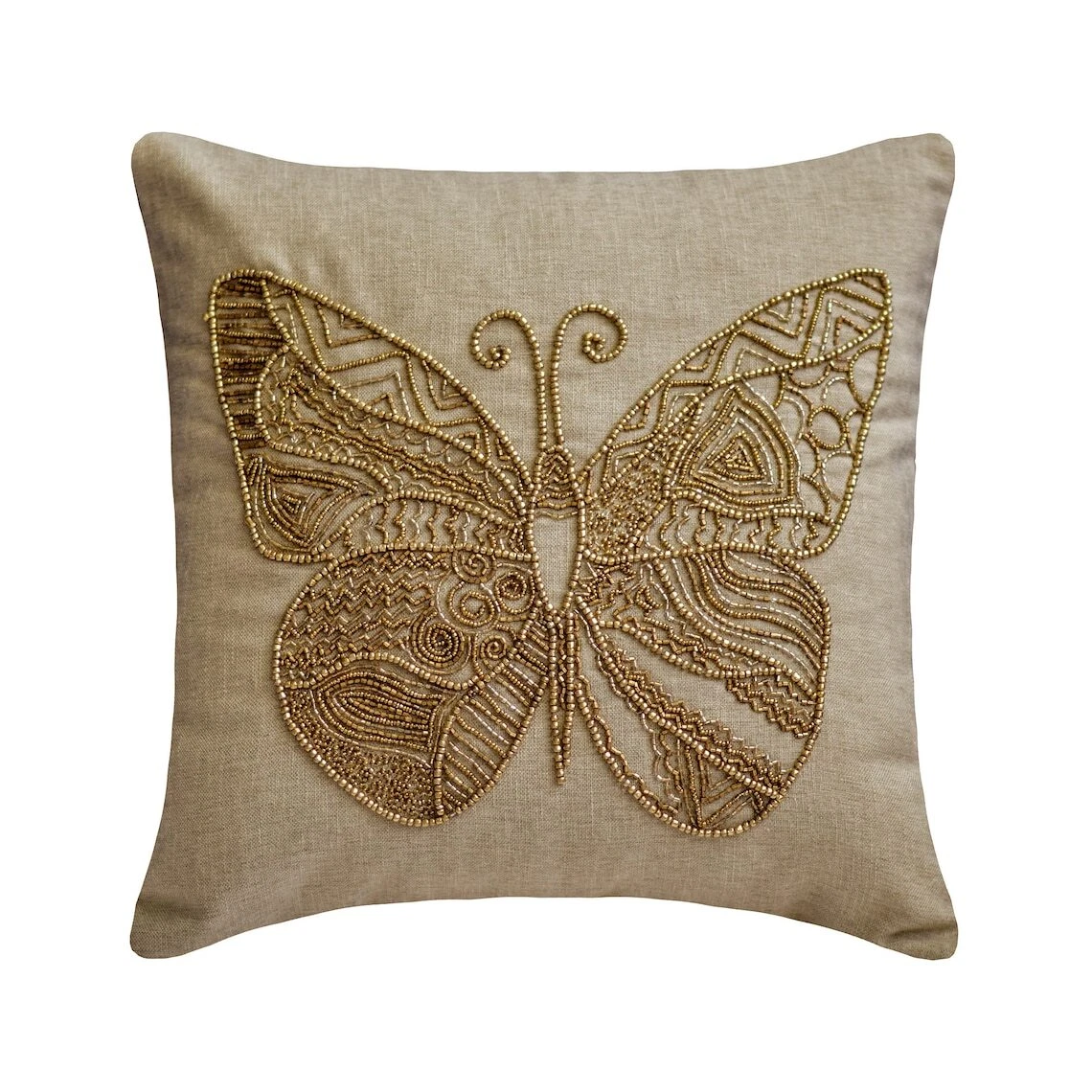 Throw Pillow Case Beige 16"x16", Room Decor Linen Butterfly Beaded - Chrysallis