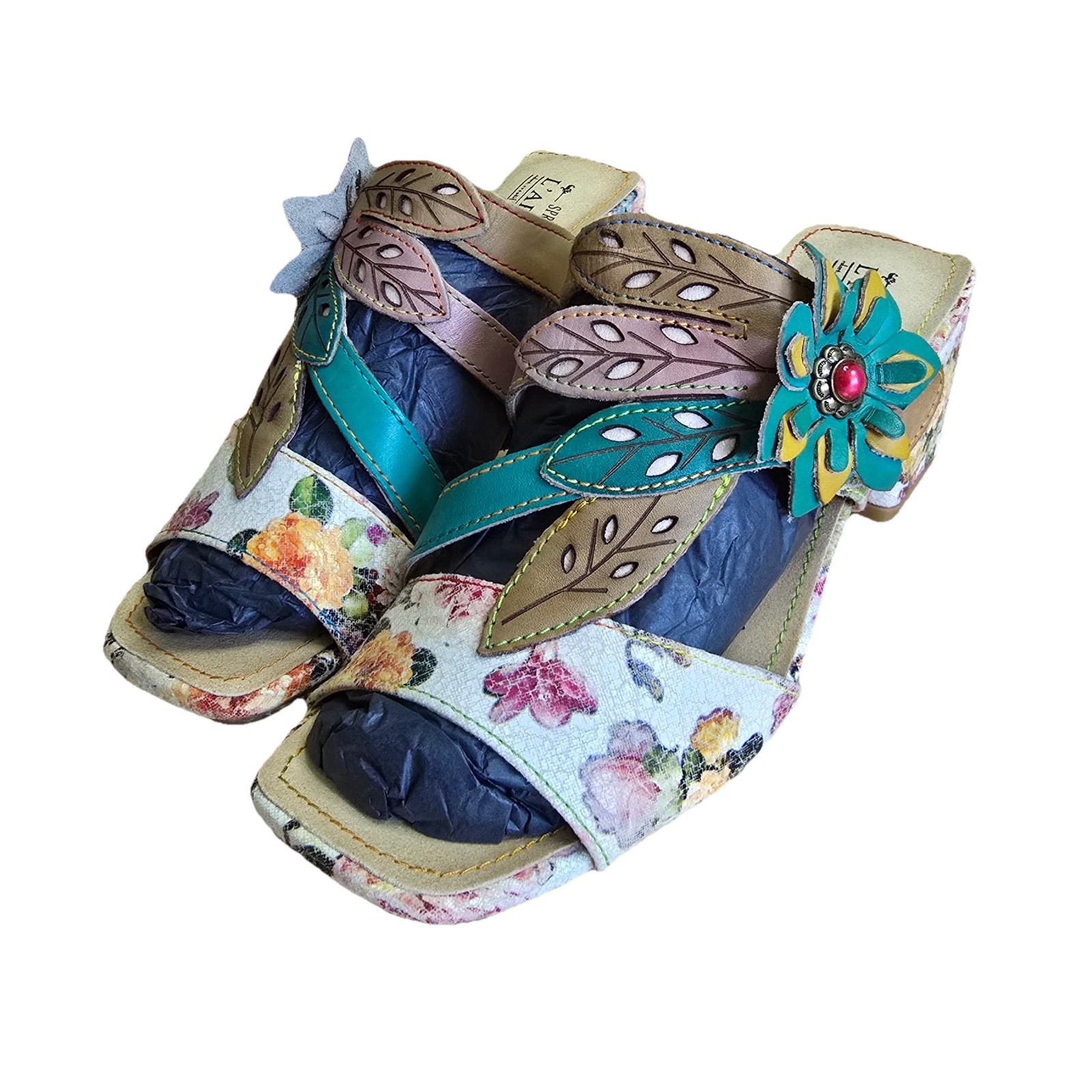 L'artiste Spring Step Mile Marker Platform Heeled Floral Sandals Size Eu 38