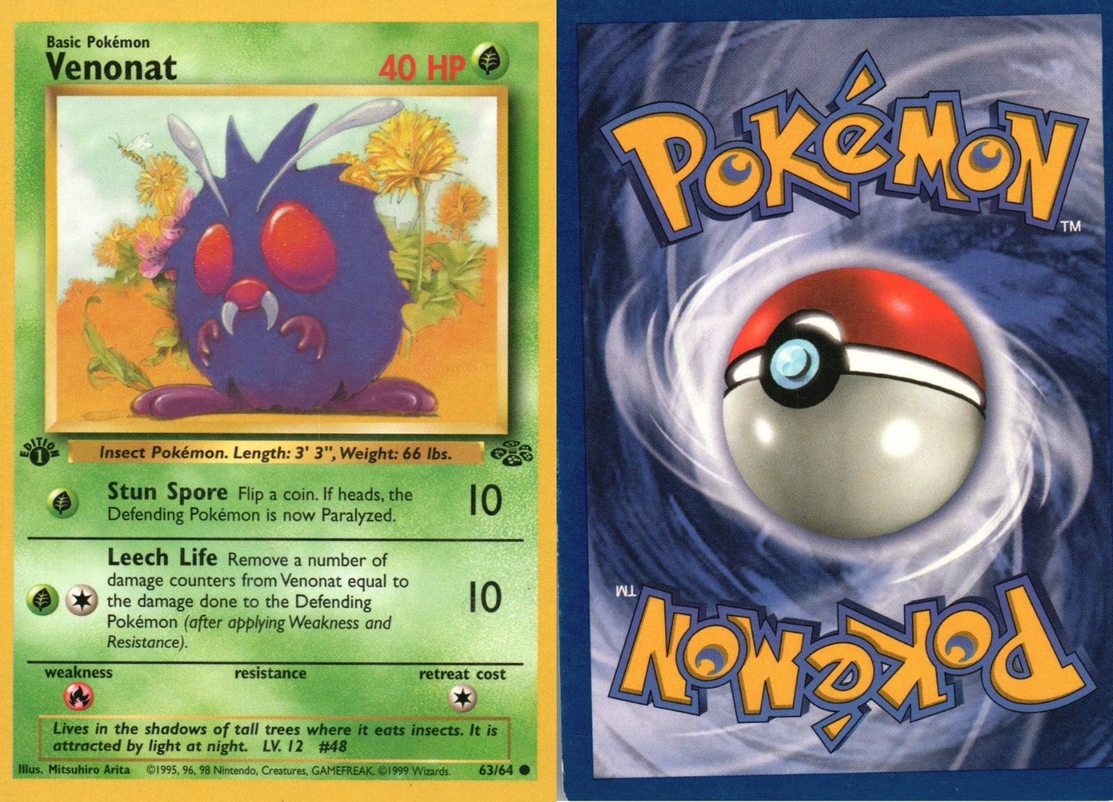 Venonat 63/64 Jungle 1st Edition Pokémon Card WOTC 1999 NM