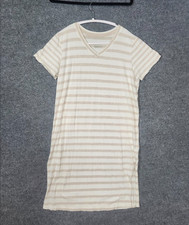 Haven Well Within Womens T-Shirt Dress L White Tan Striped V-Neck Short Sleeve