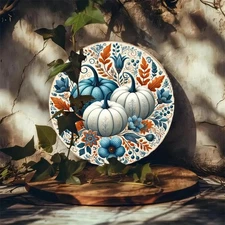 Vintage Farmhouse Metal Pumpkin Sign MultiColor Autumn Decor