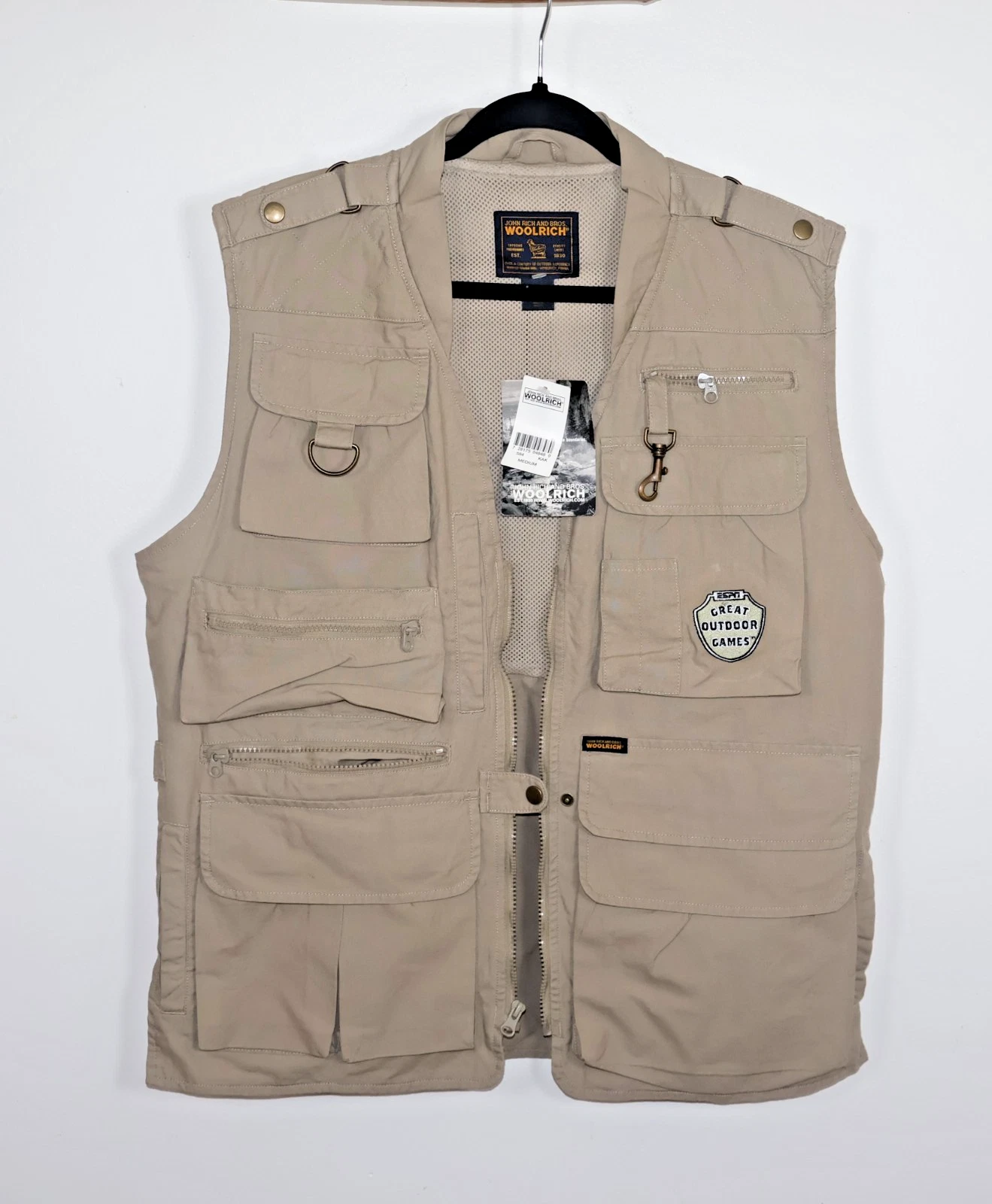 Woolrich John Rich Vest Size Men Medium Khaki Tan Safari Fishing Travel Utility