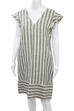 Twinset Womens Shift Dress Beige Linen Striped V-Neck Short Sleeve Zip Size 44