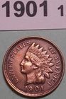 1901 INDIAN HEAD US COPPER ONE CENT COIN UNC' DETAILS CLEANED DIAMONDS ON RIBBON