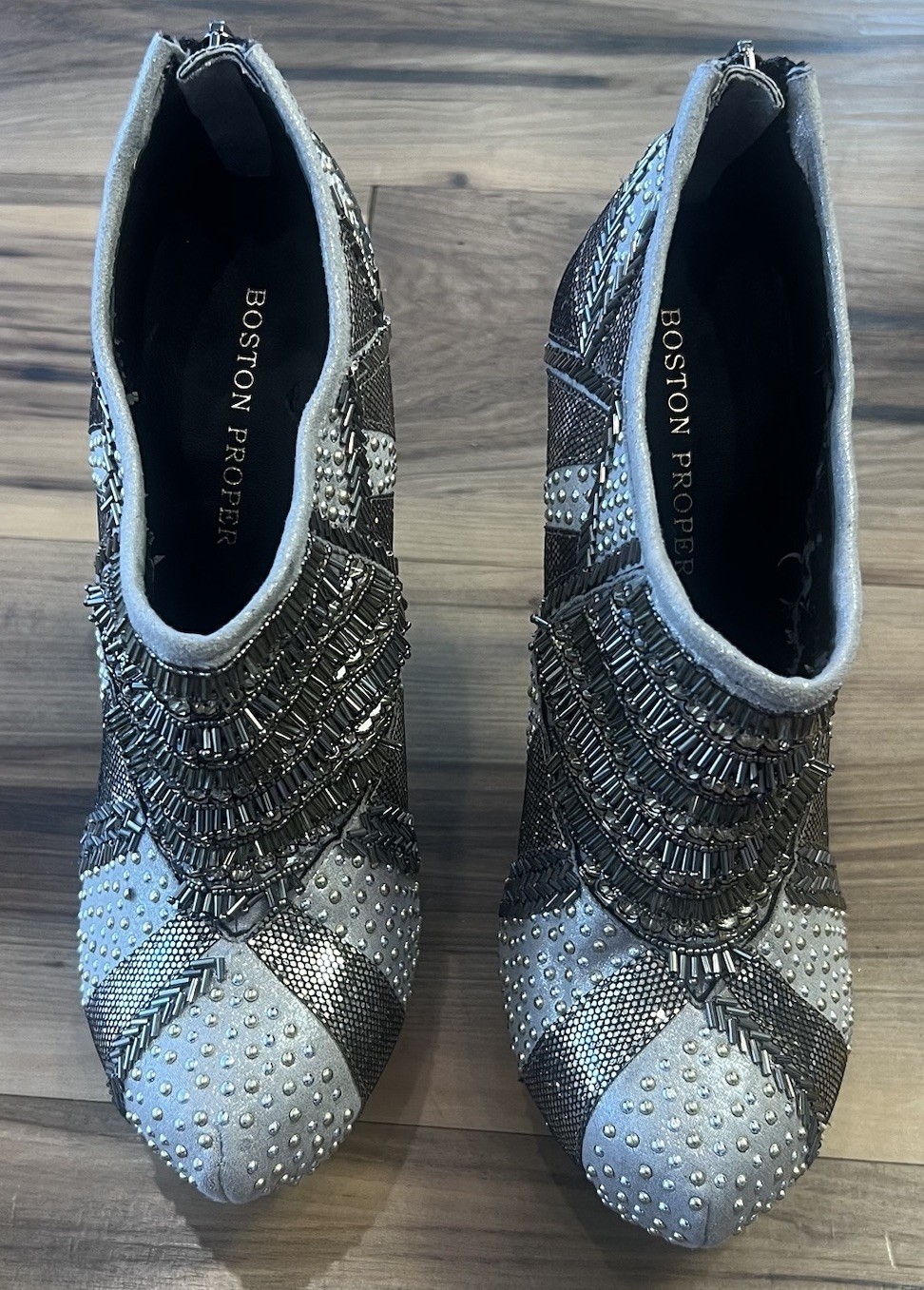 Boston Proper Beaded Studded Ankle Booties Silver Heels 8 Read