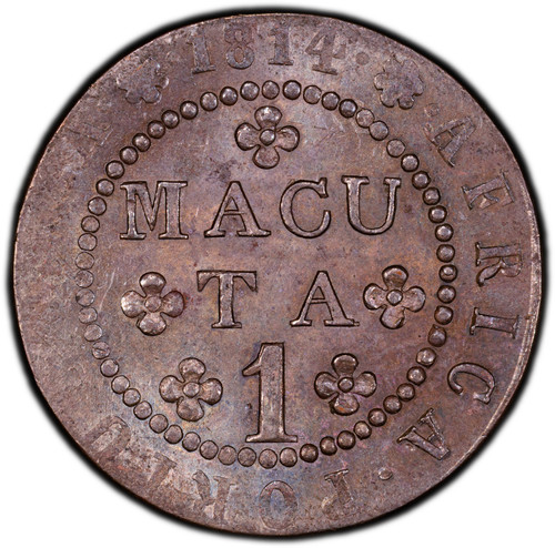 ANGOLA: 1814 1 Macuta PCGS MS63 — SOLE FINEST/SOLE KNOWN PCGS BU