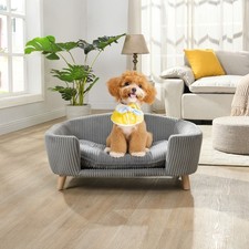 Elevated Dog Bed Frame for Small Dog, Corduroy Pet Couch Bed with Rubber Wood Le