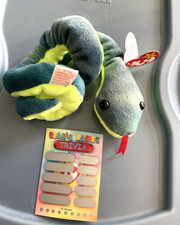 TY Beanie Baby Hissy the Snake With Scratch Off Trivia Card Blue Color Varies