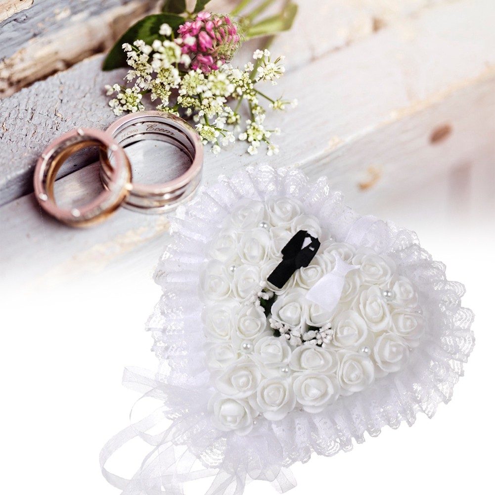 Elegant White Heart Shape Wedding Groom Bride Ring Pillow Cushion Holder Bo BAJ