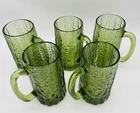 Set Of 5 Bark Textured Iridescent Avacado Green Glass Mugs Tankards Vtg 010